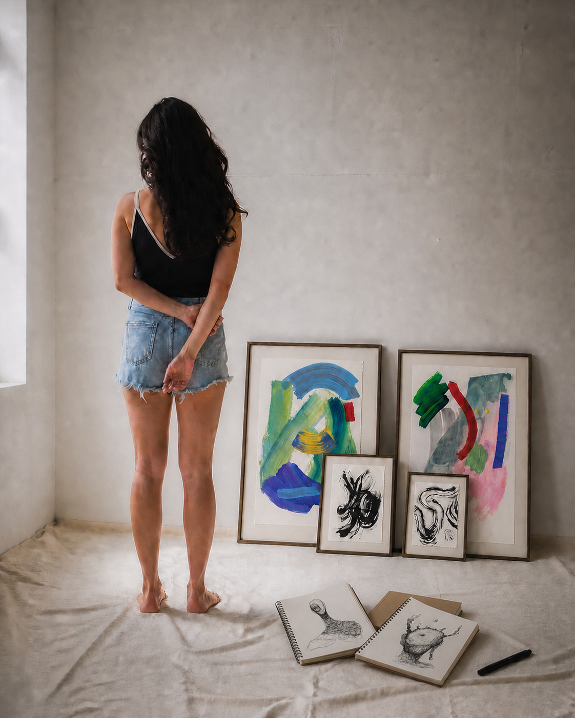 Artist viewing framed Studies and Wired Humanoids works, including the colourful Studies 32 painting.